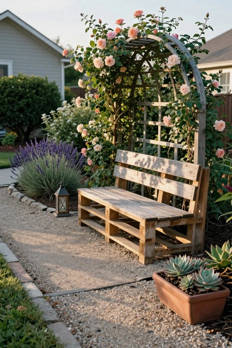 Wooden pallet bench under a rose-covered arched trellis beside a gravel path with lavender bushes, stone edging, a lantern, and potted succulents in a garden setting.