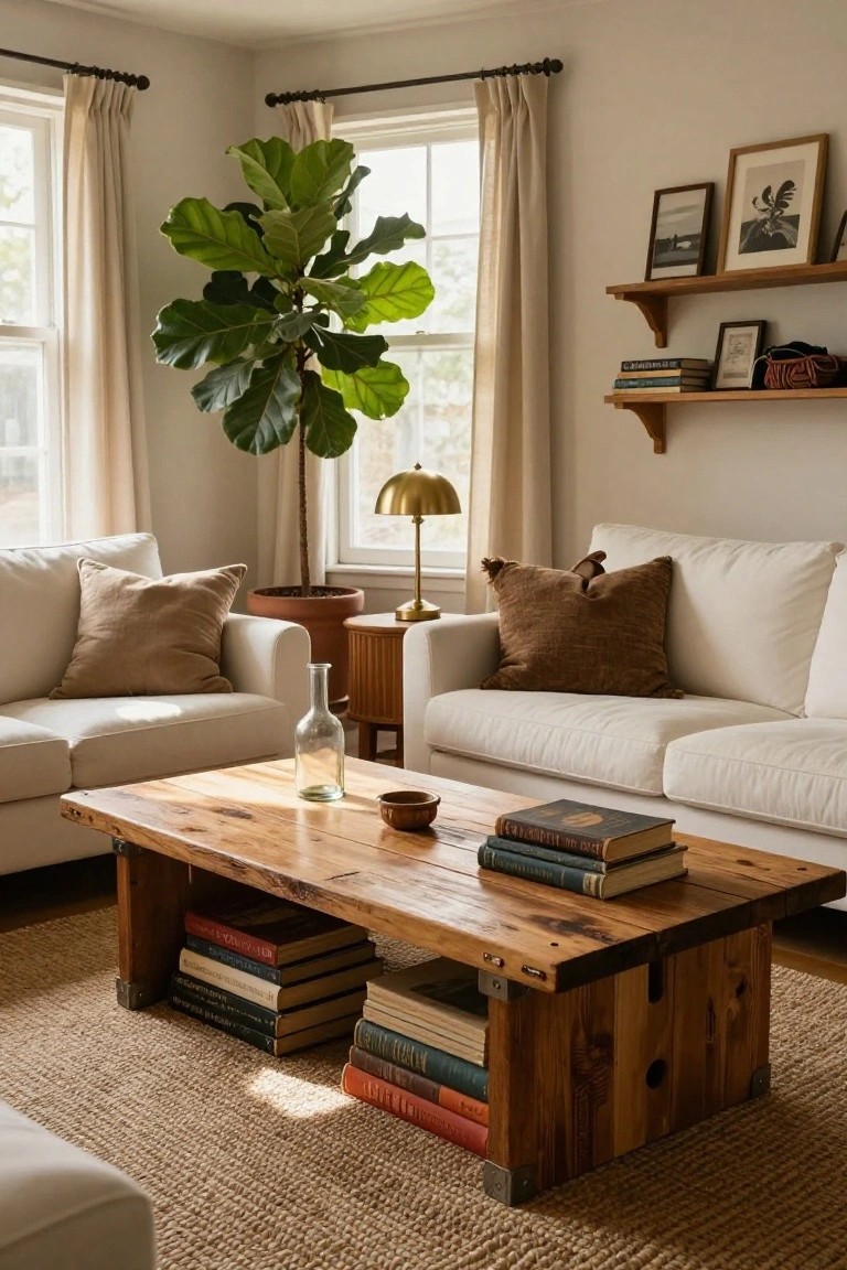 A sunlit living room corner featuring two white sofas, a low wooden coffee table with metal brackets and stacked books underneath, a large potted fiddle leaf fig plant, beige walls with floating shelves, and a gold lamp on a side table.