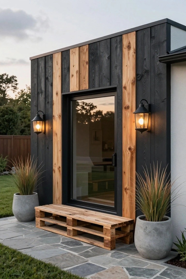 Close-up exterior view of a house wall with black-stained vertical wood planks accented by natural wood strips, a tall black-framed glass door, two black lantern lights, tall potted grasses flanking a wooden pallet bench on a gray stone path leading to the door.