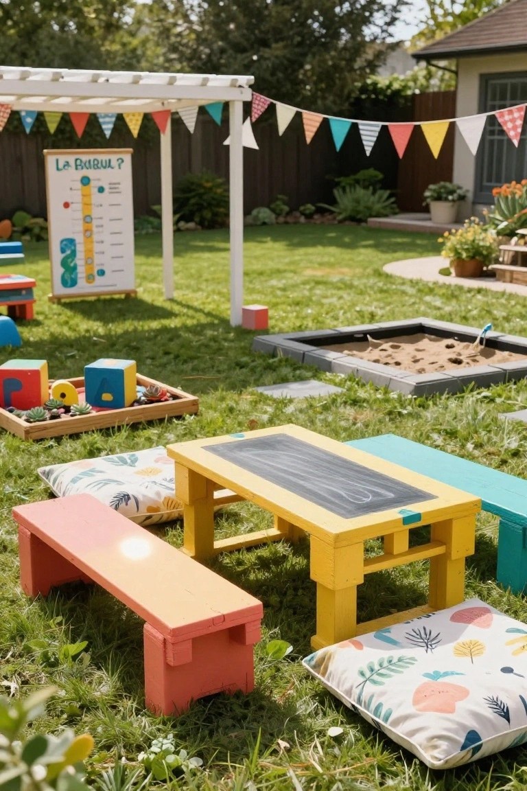Backyard play area with yellow pallet table and benches featuring chalkboard top, pink and turquoise stools, patterned cushions on grass, sandpit, wooden toy blocks, and height chart under pergola with colorful bunting.