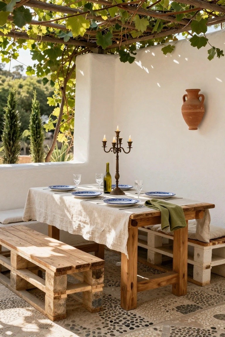 Wooden pallet table and benches on a sunlit outdoor terrace with white walls, vine pergola overhead, blue plates, wine glasses, candelabra, and terracotta pot on the wall.