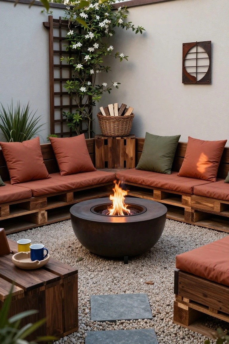 L-shaped outdoor seating made from wooden pallets with orange and green cushions arranged around a central black metal fire pit bowl on a gravel patio surrounded by plants and a trellis.