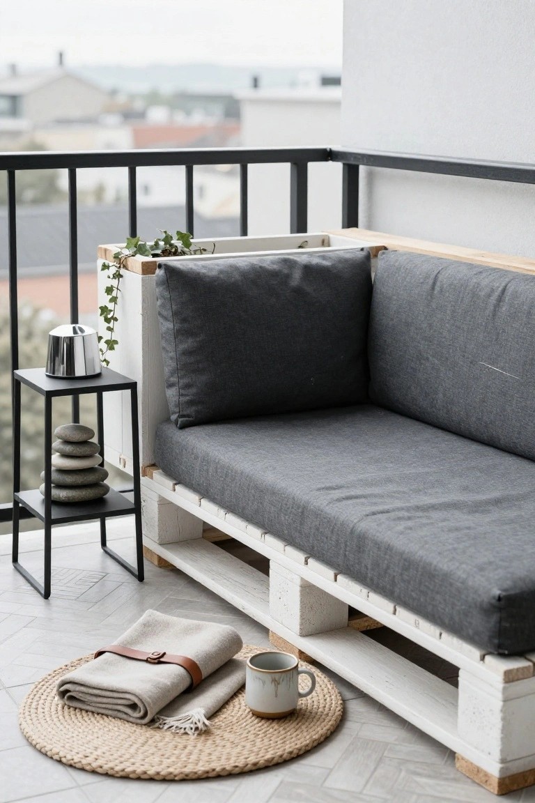 White pallet corner sofa with gray cushions on a tiled balcony next to black metal side table holding stacked stones and ivy plant, beige blanket with leather strap and ceramic mug on woven mat in front.