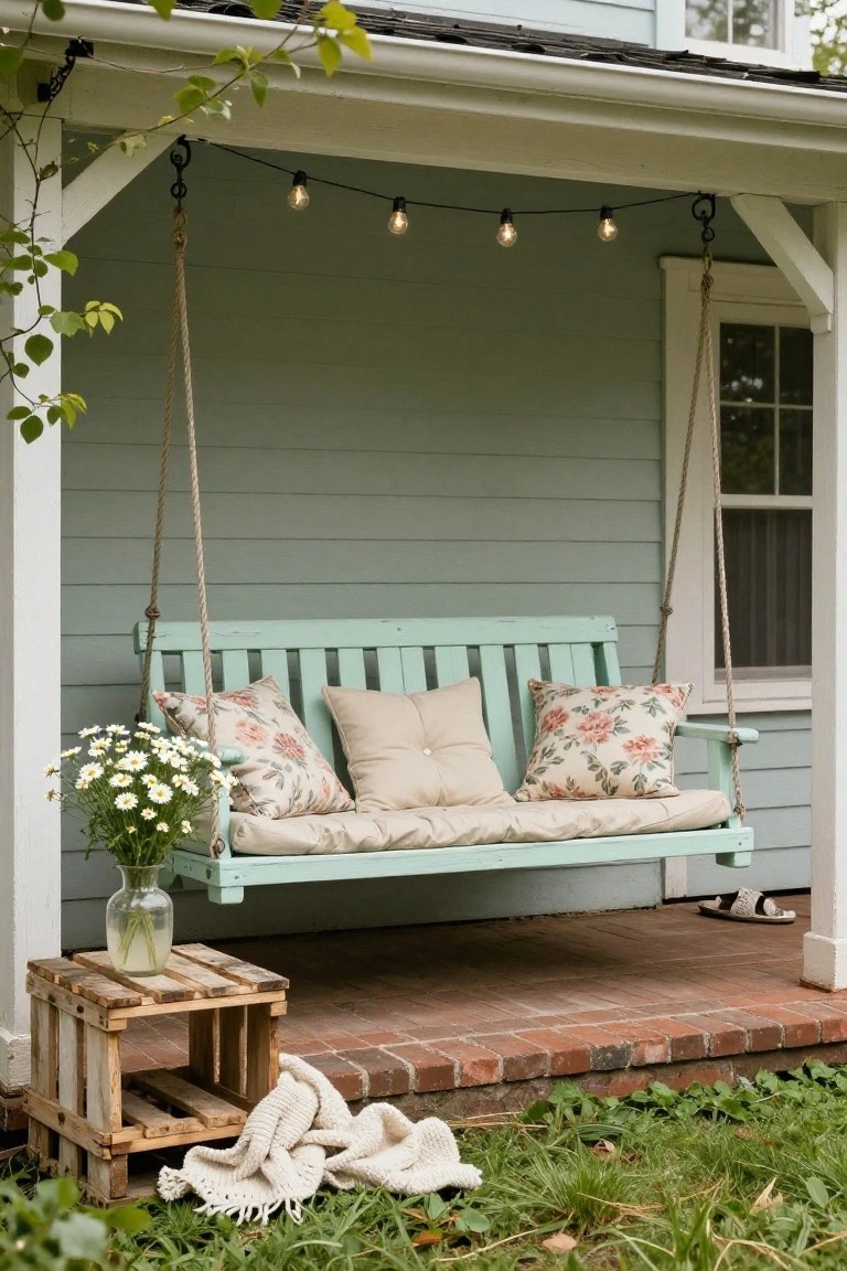 Mint green wooden hanging porch swing with beige and floral cushions suspended by ropes from a covered porch ceiling with string lights, next to a small wooden pallet crate side table holding a glass vase of white daisies, on a brick porch floor with grass nearby.