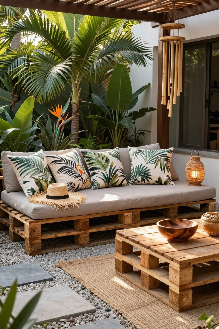 Wooden pallet daybed with gray cushions and tropical-patterned pillows on a pebble patio under a pergola, paired with a pallet coffee table holding a wooden bowl, surrounded by lush green plants and a bamboo wind chime.