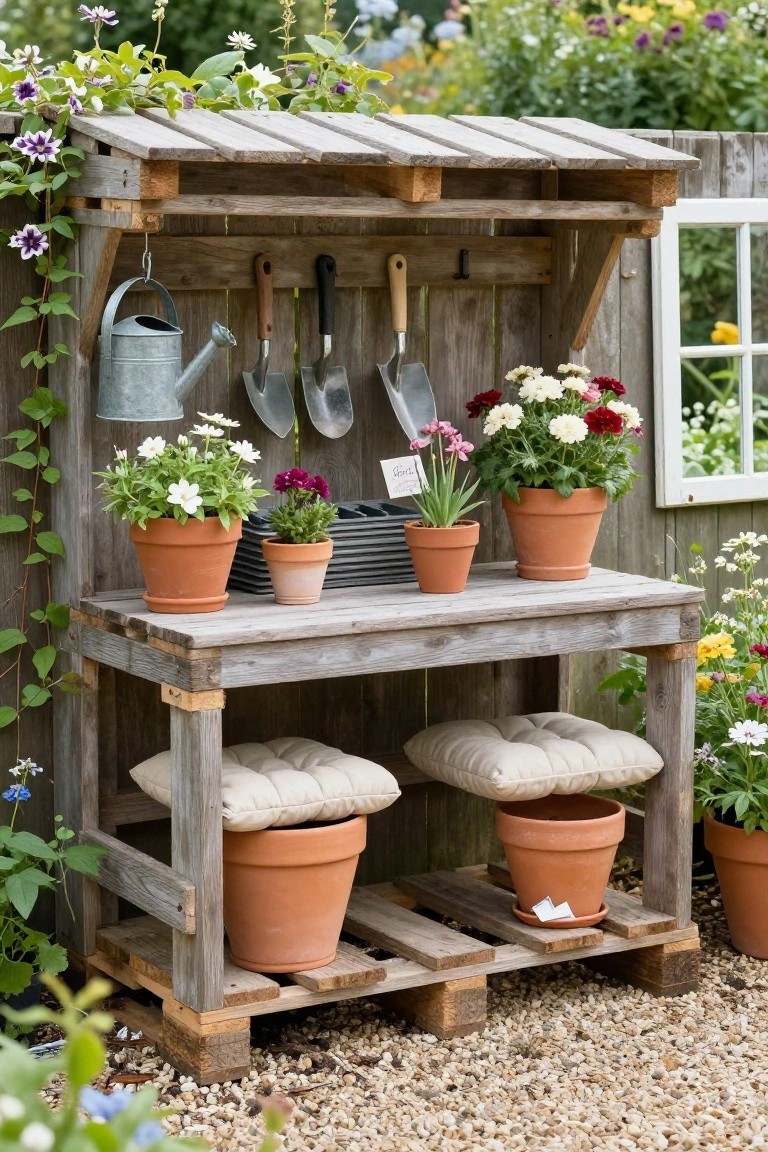 A rustic wooden potting bench made from pallets with a sloped roof overhang, hanging metal watering can and garden tools, various potted flowers on the surface and lower shelves, beige cushions on stools beneath, set on gravel amid surrounding plants and flowers.