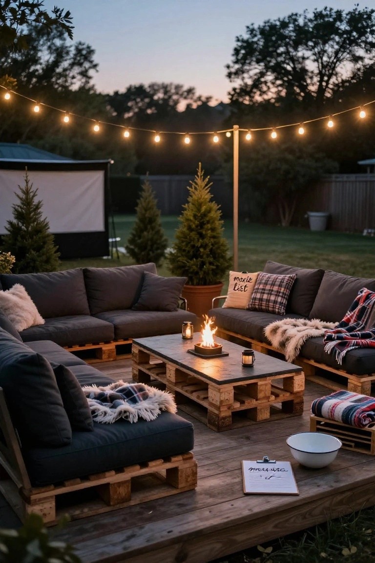 Backyard deck with L-shaped dark gray pallet sofas and cushions around a central pallet coffee table holding a fire pit, string lights overhead, small Christmas trees, and a white movie screen at dusk.