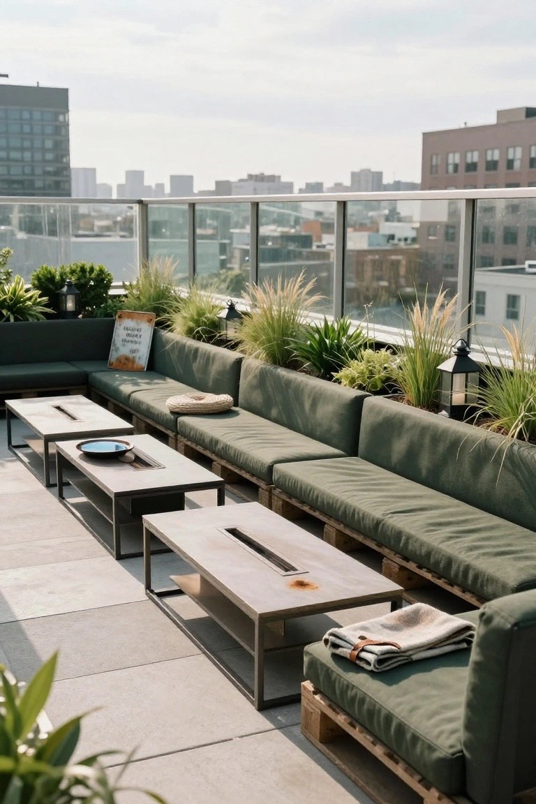 Rooftop terrace with green cushioned sofas built on pallet bases, low metal-frame tables with central cutouts, potted grasses and plants along glass railings, lanterns, and city buildings in the background.