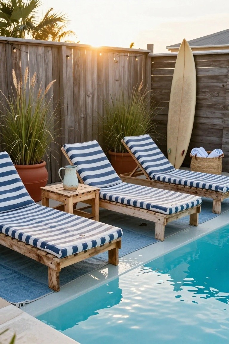 Three wooden pallet lounge chairs with blue and white striped cushions lined up beside a turquoise pool, with potted grasses, a white pitcher on a side table, and a surfboard leaning against a wooden fence.