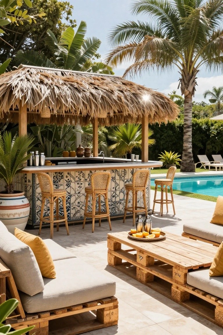 Outdoor tiki-style bar with thatched roof and tiled front, rattan bar stools, pallet lounge seating with beige cushions and yellow pillows around a wooden pallet coffee table holding oranges, next to a pool amid tropical plants and palm trees.