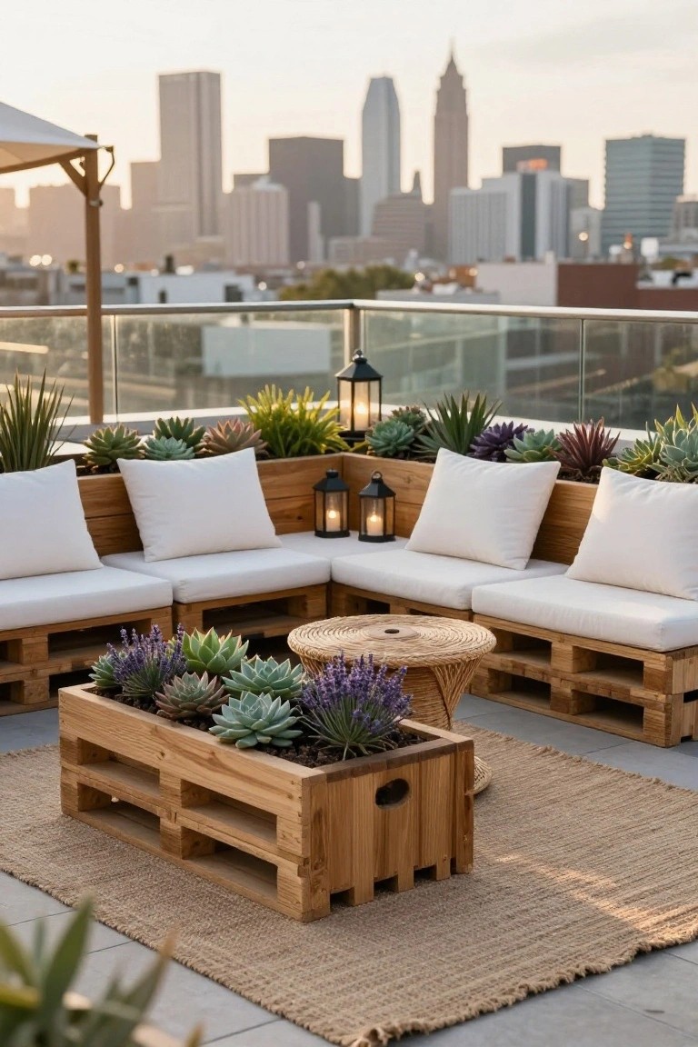 Rooftop terrace with L-shaped wooden pallet seating area cushioned in white, integrated succulent planters, lanterns, woven table, umbrella, and city skyline in background.