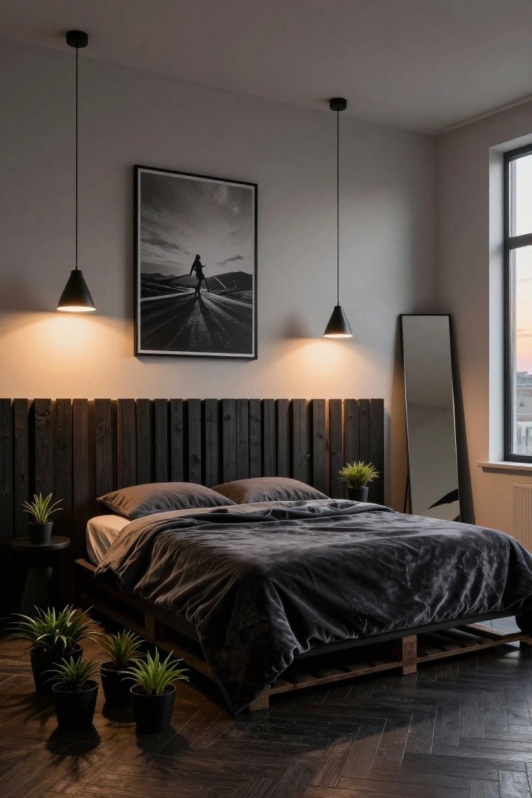 Modern bedroom with black-stained pallet wood headboard and platform bed frame, gray bedding, potted plants on the floor, two black pendant lights, large black-and-white photo on wall, full-length mirror, and herringbone wood floor.