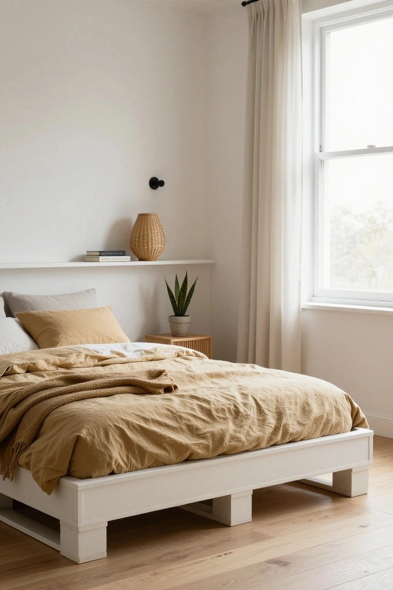 A minimalist bedroom with a low white platform bed on block legs, beige linen bedding and throw, nightstand with potted snake plant, woven lamp on floating shelf, and large window with sheer curtains.