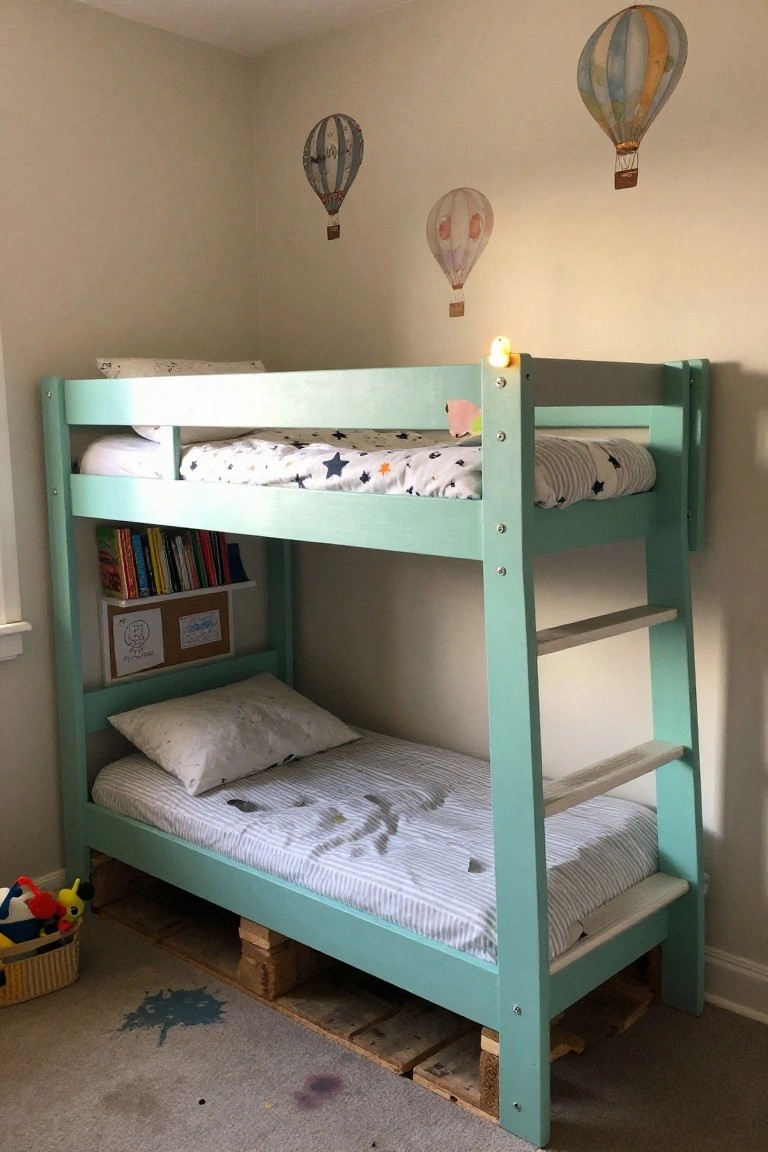 Turquoise bunk bed frame built from wooden pallets in a child's bedroom with star-patterned bedding, a bookshelf shelf, ladder, hot air balloon wall decals, toys, and spills on the carpeted floor.