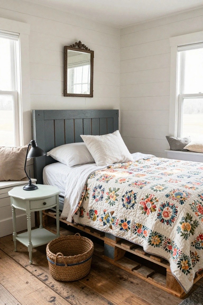 Bedroom interior with bed on wooden pallet base, gray paneled headboard, white pillows and sheets under multicolored floral quilt, mint green round nightstand with lamp, beige armchair, wicker basket, white shiplap walls, two windows, and hardwood floor.