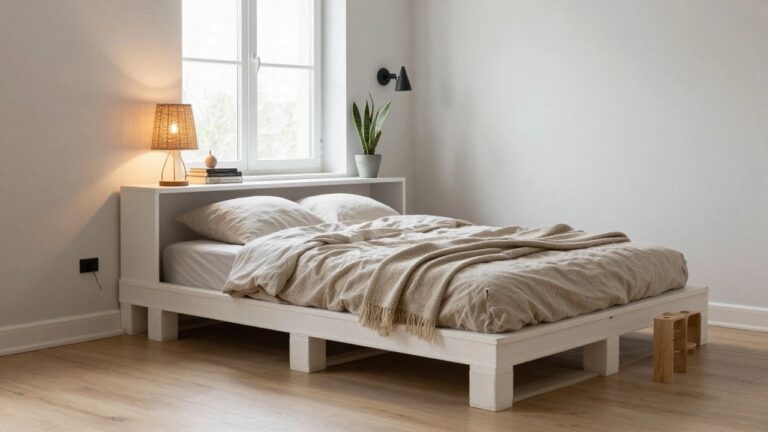 19 Creative DIY Pallet Bed Frames That Look Designer A minimalist bedroom with a low white platform bed on block legs, beige linen bedding and throw, nightstand with potted snake plant, woven lamp on floating shelf, and large window with sheer curtains.