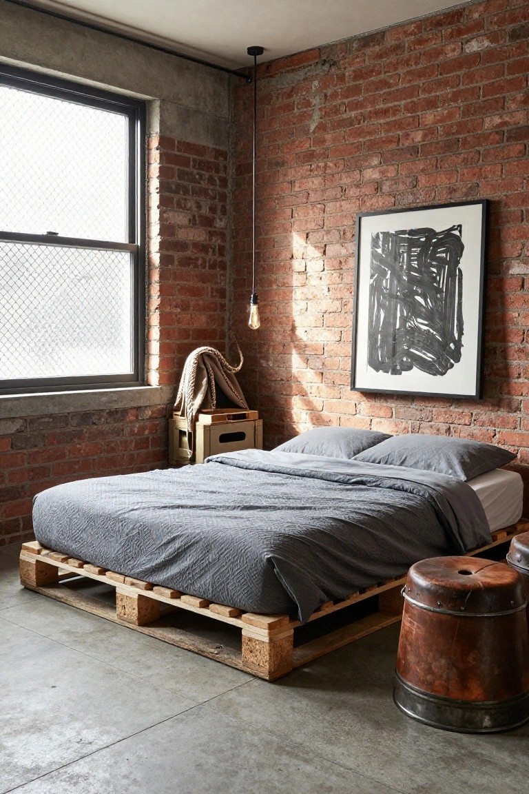 Bedroom in industrial loft with exposed brick walls, bed frame made from stacked wooden pallets on concrete floor, gray quilted bedding, pendant bulb light, wooden crate nightstand, and large black abstract painting on wall.