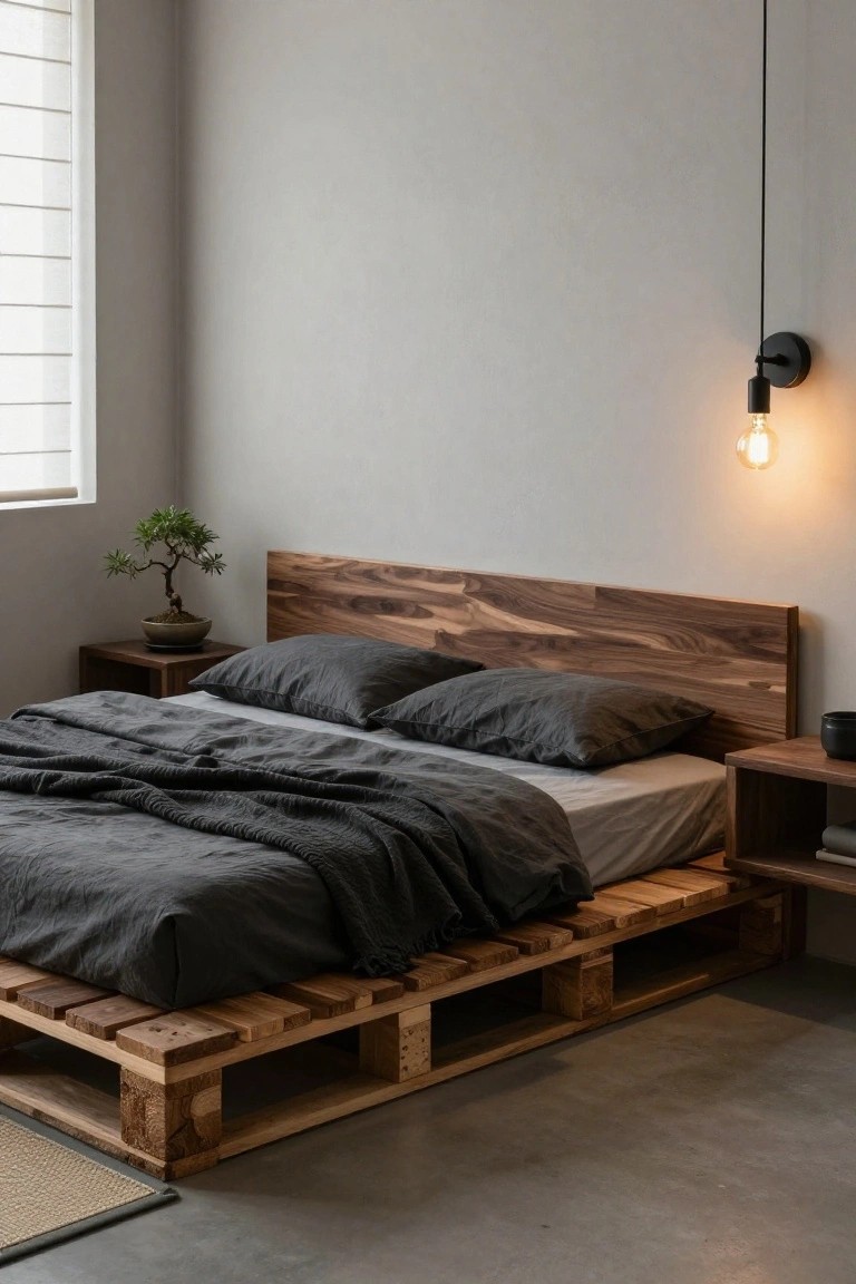 Bedroom with low bed frame made from stacked wooden pallets, dark gray linen bedding and pillows, walnut wood headboard and nightstands, bonsai plant on nightstand, pendant bulb light, gray walls and concrete floor.