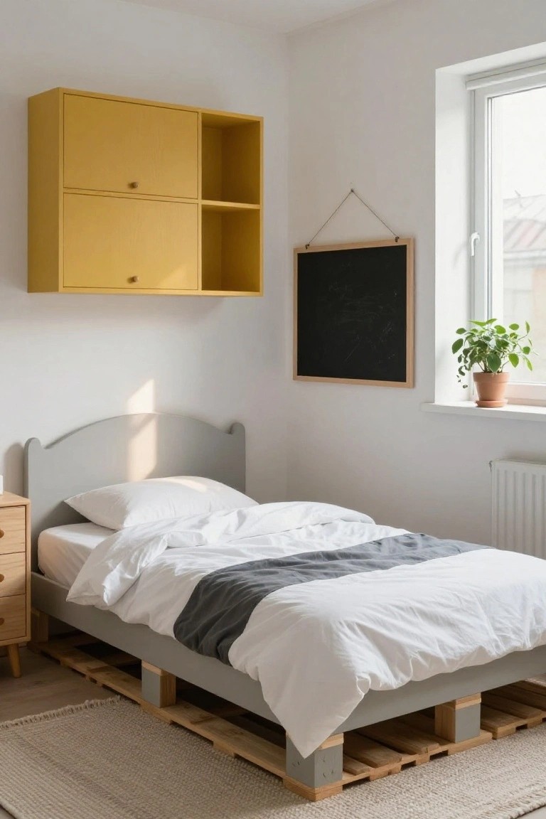 A grey single bed with arched headboard elevated on stacked wooden pallets in a white child's bedroom, beside a wooden dresser, under a yellow wall-mounted cabinet, with a blackboard on the wall and potted plant by the window.