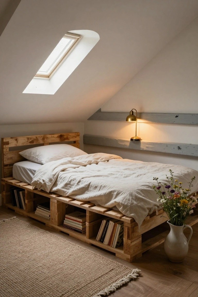 Attic bedroom featuring a wooden pallet bed frame with built-in open shelves holding books, white sheets and pillows on the mattress, brass wall lamp lit, skylight in sloped ceiling, vase of wildflowers on floor, and beige jute rug on hardwood.
