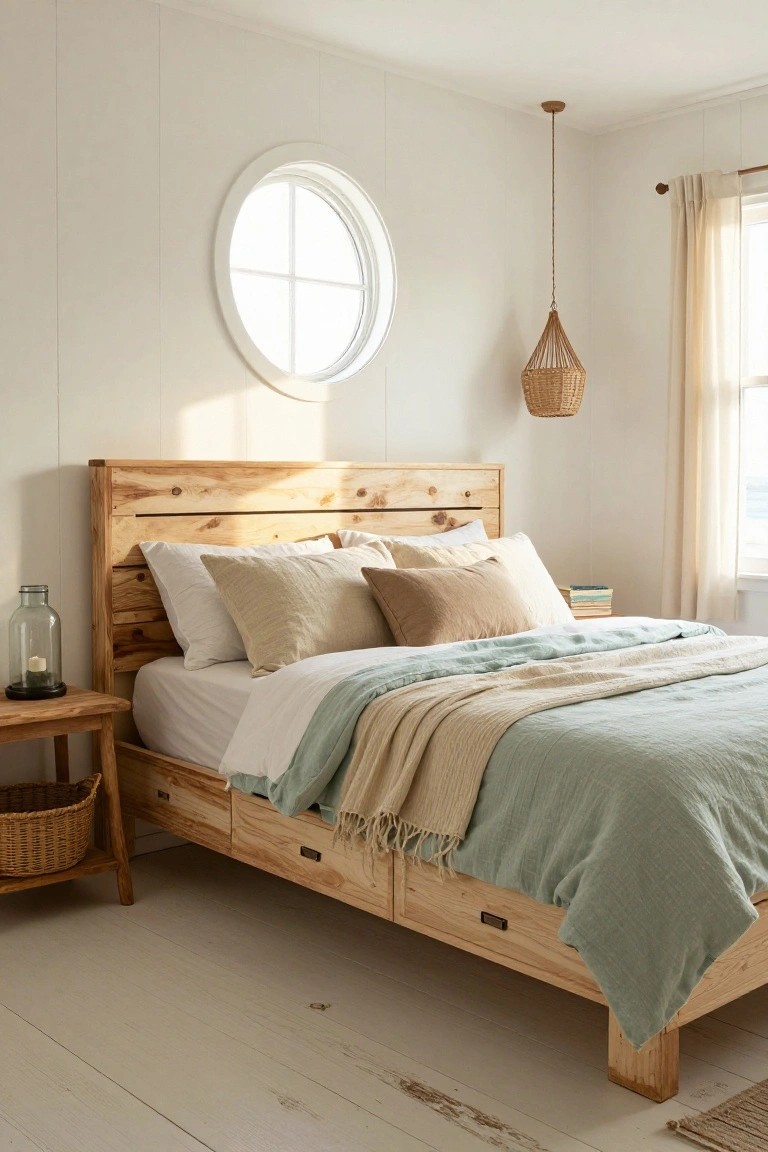 Wooden platform bed frame with underbed storage drawers in a light bedroom with white shiplap walls, round window, rattan pendant light, and neutral bedding.