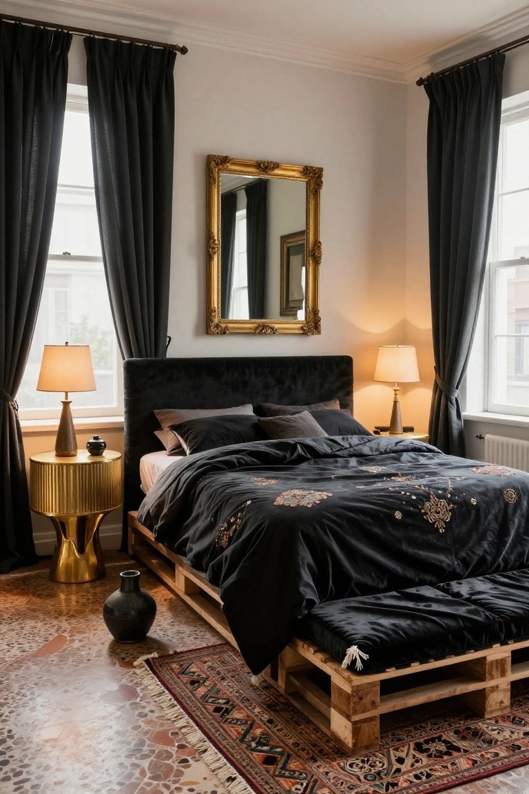 Pallet Bed with Tall Velvet Headboard
