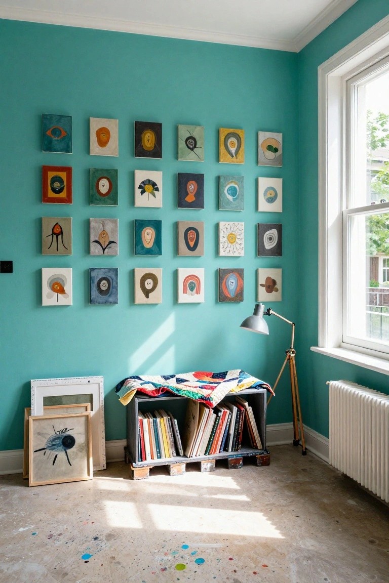 Corner of a teal-painted room with a grid of small colorful abstract paintings on the wall, wooden pallet bench holding books and a patchwork quilt, two easels with unfinished artwork, tripod lamp, radiator, and paint-splattered floor by a window.