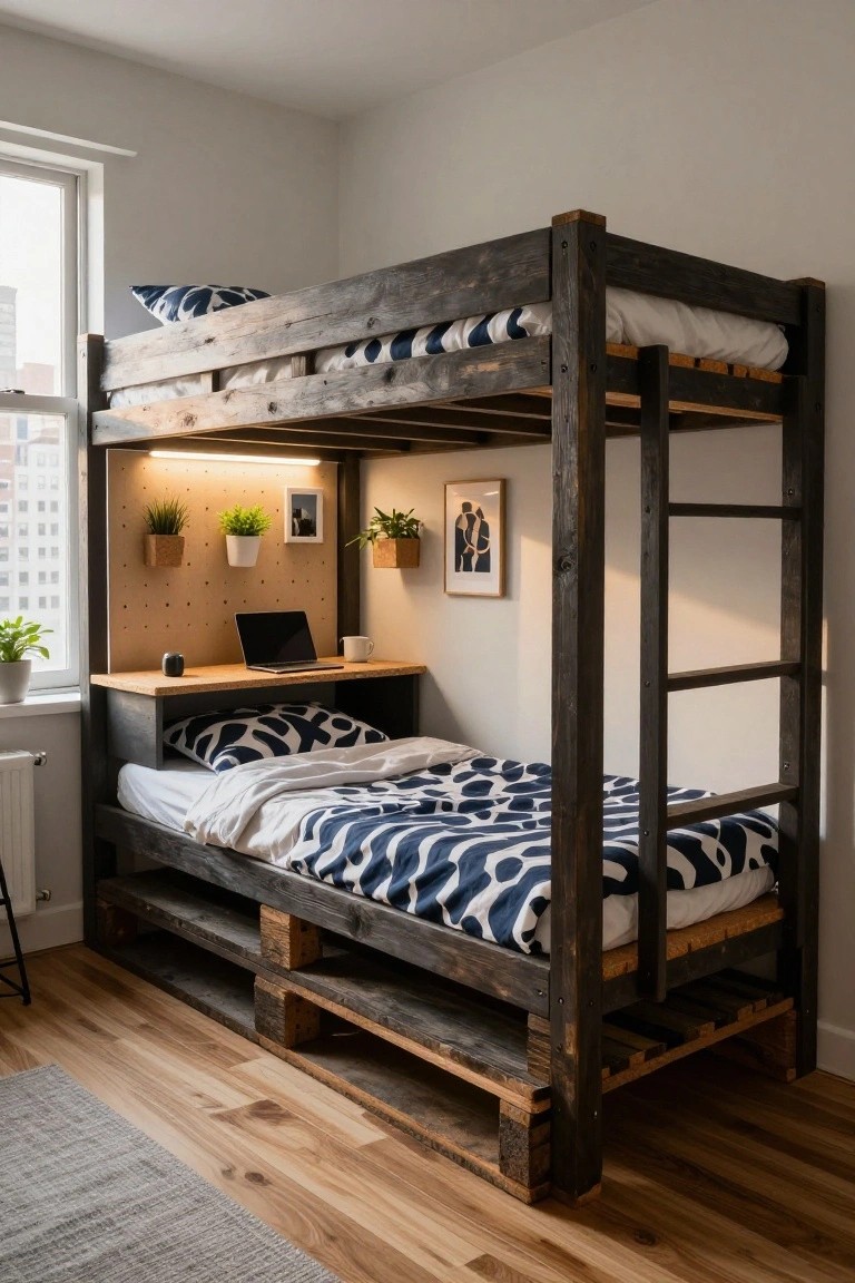 Wooden bunk bed frame made from pallets in a bright bedroom, featuring a built-in desk below with laptop, plants on pegboard, and LED lighting under the upper bunk.