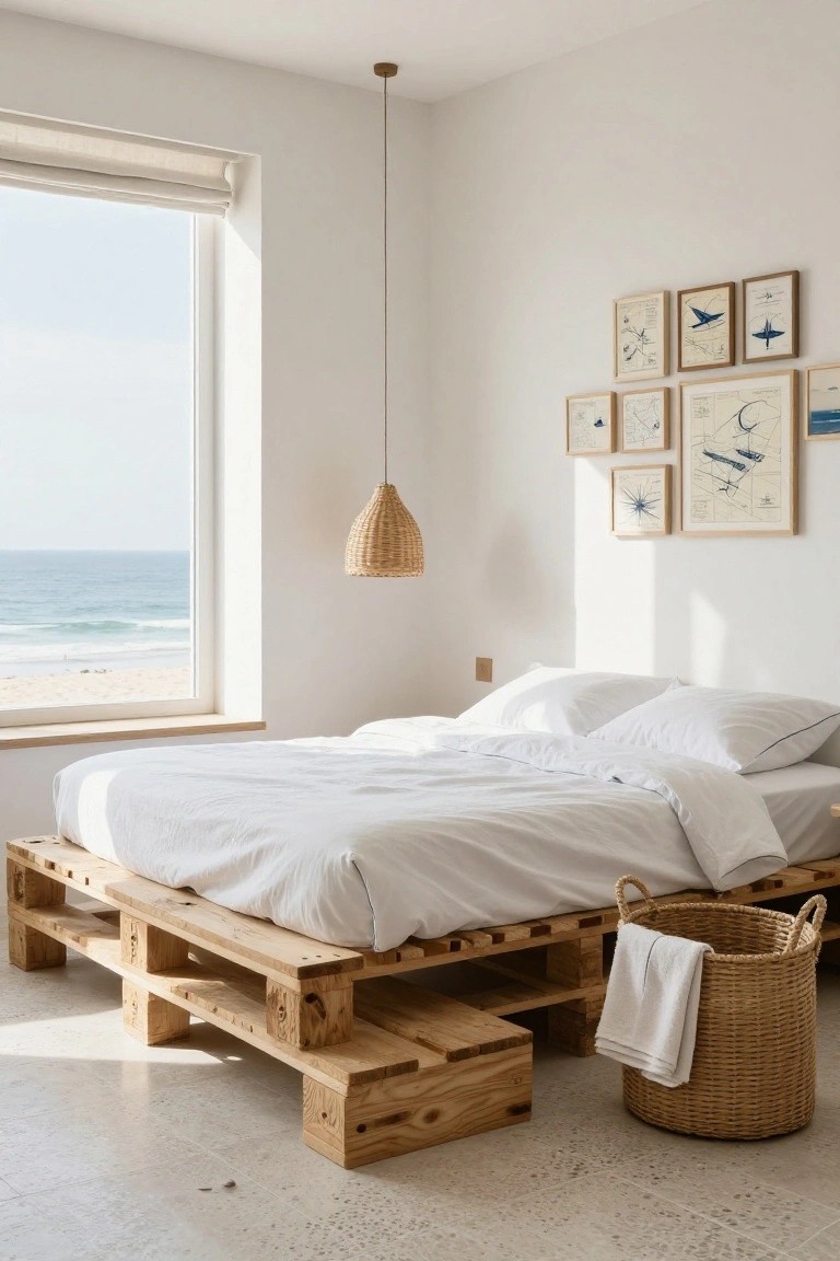 A minimalist bedroom with low wooden pallet platform bed frame holding white sheets and pillows, large window overlooking beach and ocean, rattan pendant lamp hanging above, nautical line drawings in wood frames on white walls, and woven basket beside bed on concrete floor.