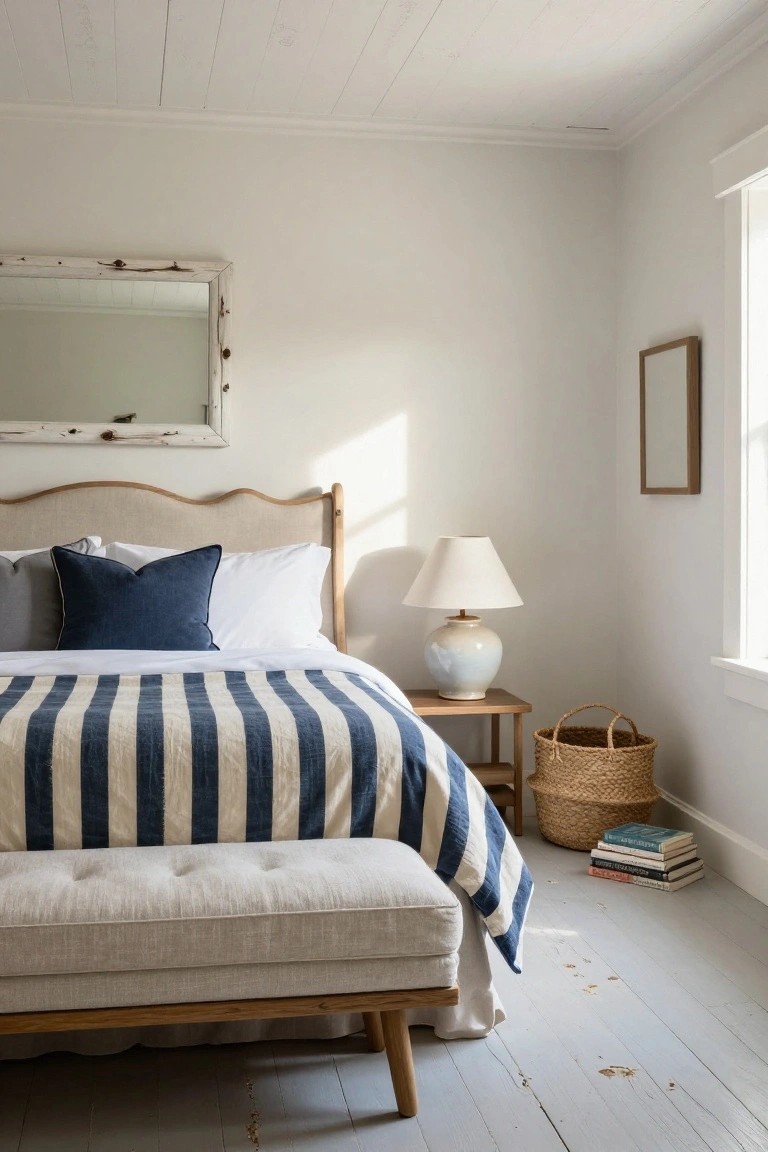 Bedroom with curved wooden headboard bed covered in navy striped bedding, linen bench at foot, side table holding lamp and basket, stack of books, white walls, and painted wood floors.