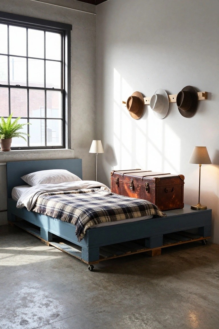 Blue wooden pallet bed platform on wheels in an industrial bedroom with plaid bedding, vintage trunk, two lamps, hanging hats on wall, potted plant, and large factory window.