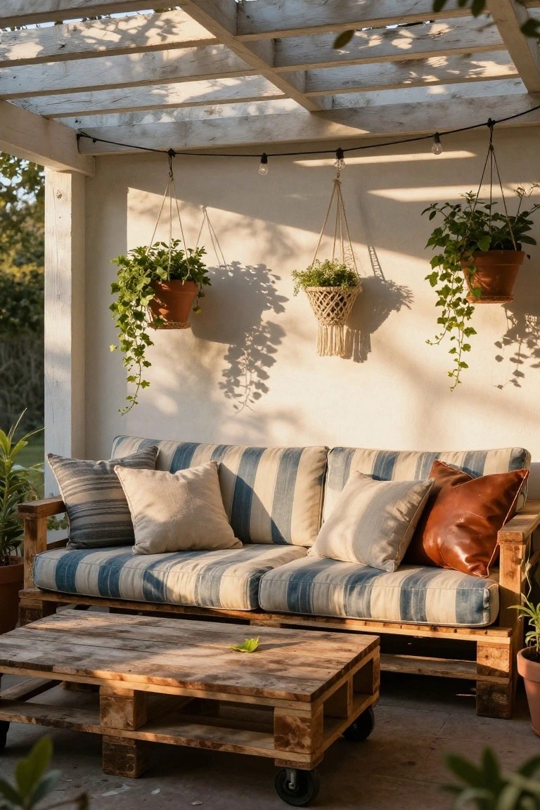 Wooden pallet sofa with blue striped cushions and assorted pillows on a covered outdoor patio, next to a pallet coffee table on wheels, surrounded by hanging plants and string lights.
