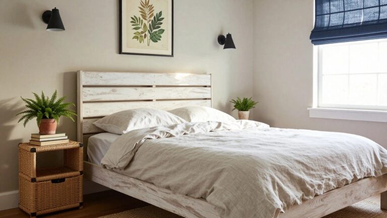 19 Gorgeous Wood Pallet Projects For A Chic Rustic Look Bedroom interior with a tall chevron-patterned headboard made from light wood planks, white bedding on a low platform bed, rattan nightstands holding books and potted ferns, black wall sconces, and a double-hung window with blue roman shade.