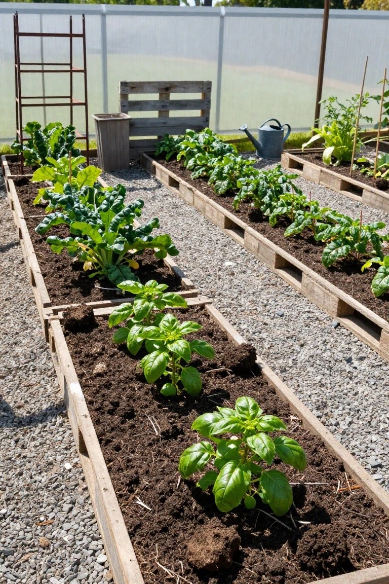 Multiple raised garden beds built from wooden pallets containing soil and plants such as basil, kale, and other greens, arranged in rows on a gravel ground with a watering can nearby.