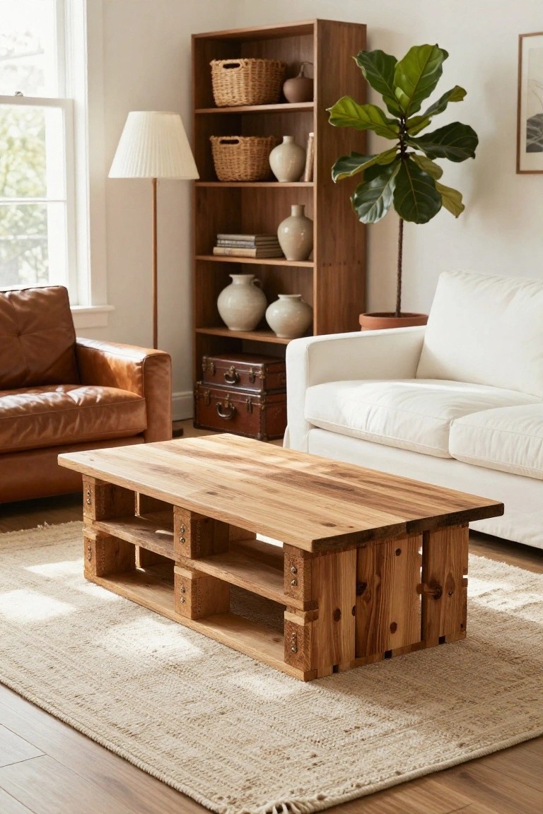 Living room with a rectangular wood pallet coffee table in front of a white sofa and brown leather armchair, wooden bookshelves filled with baskets and pottery, large potted plant, and lamp on light wood floor with beige rug.