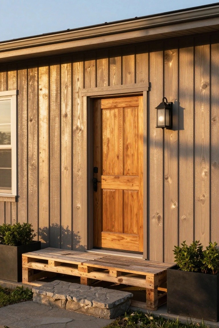 Wood-clad house exterior featuring a paneled wooden door with black hardware and lantern light, a pallet wood porch platform, stone entry step, and potted shrubs on either side.
