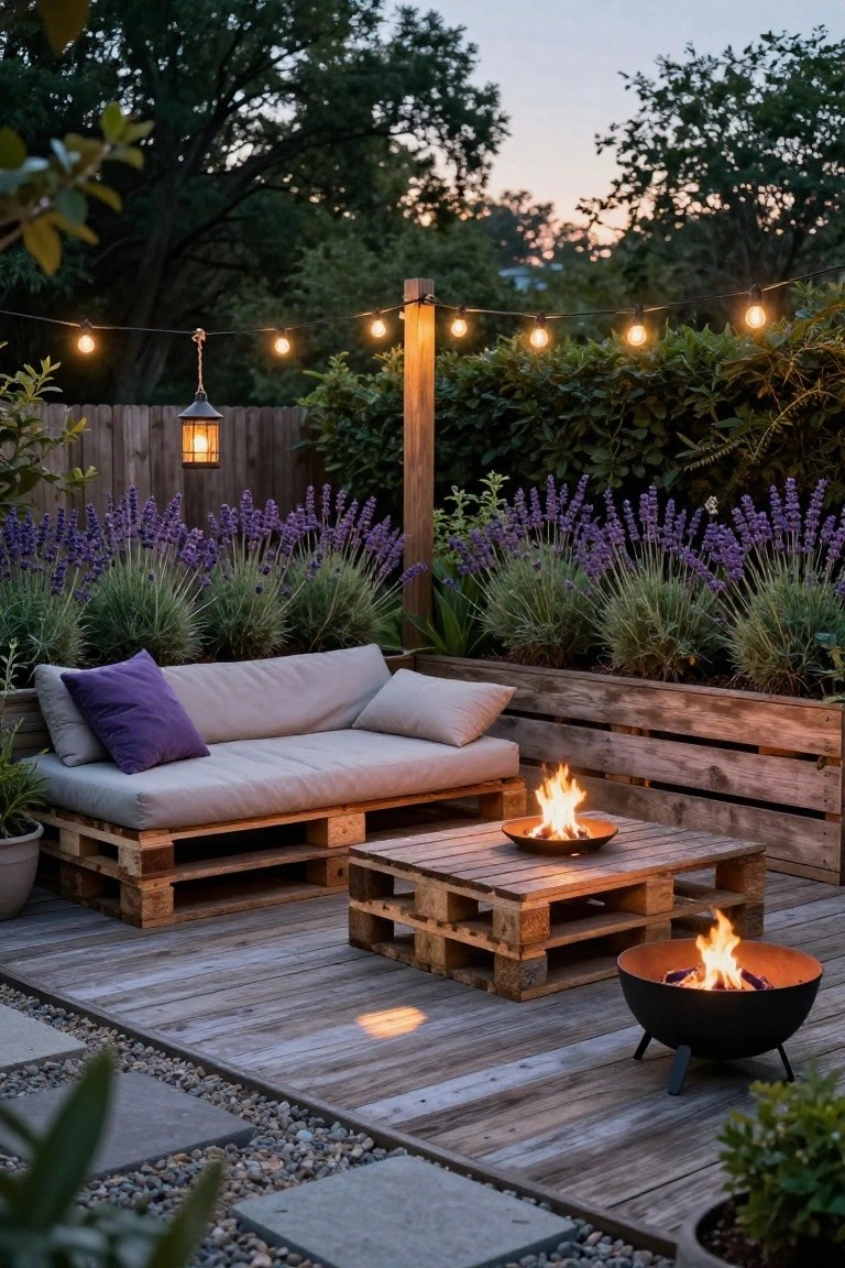 Wooden deck with gray cushioned sofa and low table made from pallets, lavender plants in raised beds, two fire features, string lights, and lantern hanging from a post at dusk.