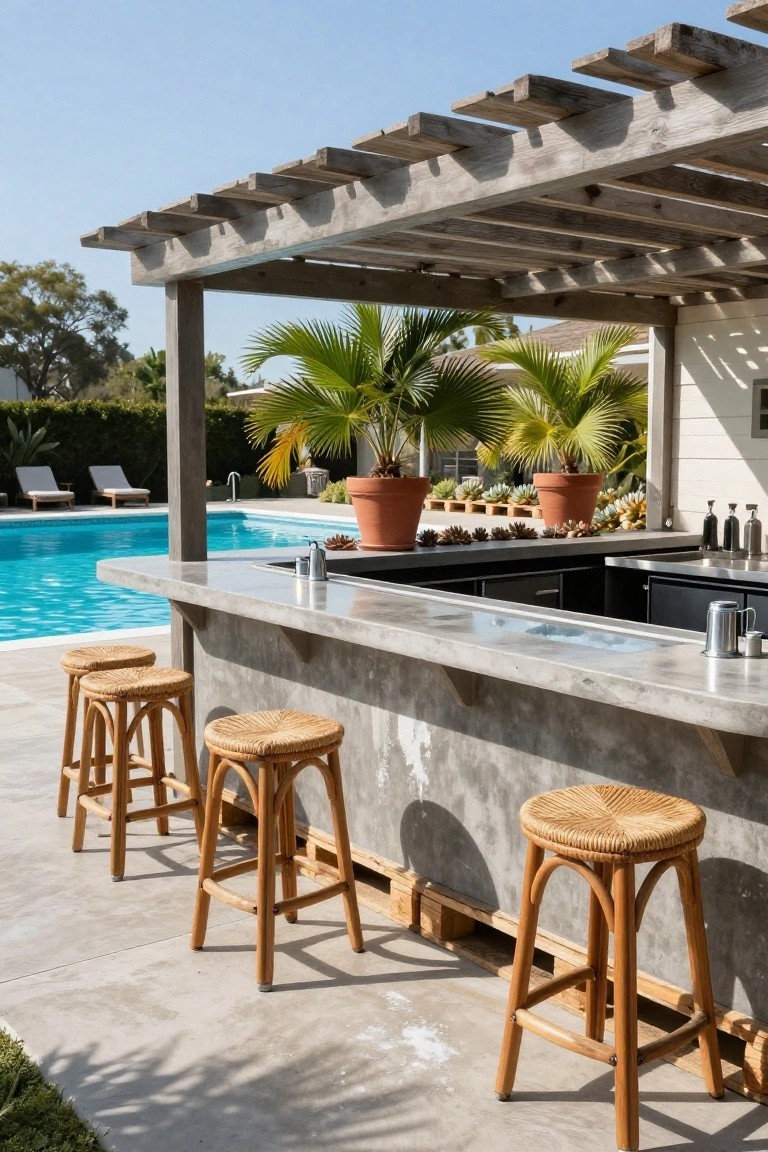Poolside bar with gray concrete countertop, four woven rattan barstools, and bottles on the counter, shaded by overhead wooden pergola beams, next to a blue swimming pool and potted palms.