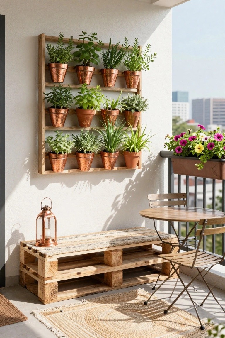 Balcony featuring a long wooden pallet bench with cushions, small round wooden table, two folding chairs, beige rug, copper pots of herbs on a wooden wall shelf, flower box on railing, and city view in background.