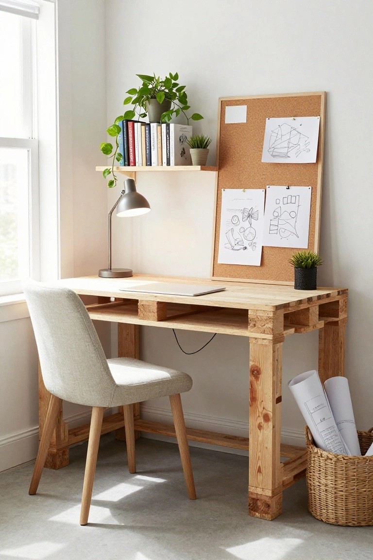 Home office corner with wooden pallet desk holding a laptop, light gray upholstered chair, desk lamp, wall-mounted shelf with books and plants, corkboard with sketches, and rolled blueprints in a basket.