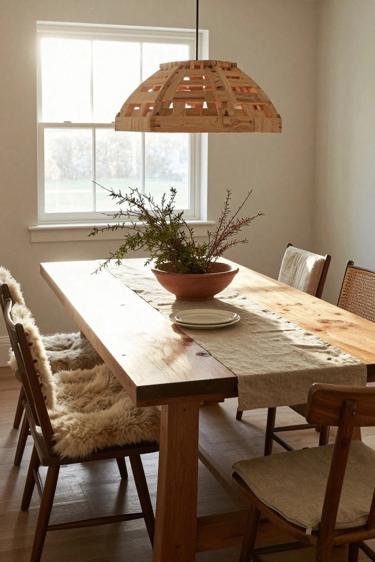 Dining room interior featuring a long wooden table with a linen runner, terracotta bowl of branches and branches, plates, rattan and wood chairs with sheepskin cushions, and a large slatted wood pendant lamp hanging above, with sunlight streaming through a nearby window.