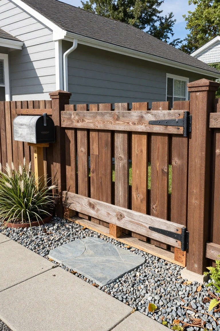 Close view of a slatted wooden fence gate with black metal hinges next to a gray house, featuring a metal mailbox on a post, ornamental grass, gravel ground cover, and a stone paver step beside a concrete sidewalk.