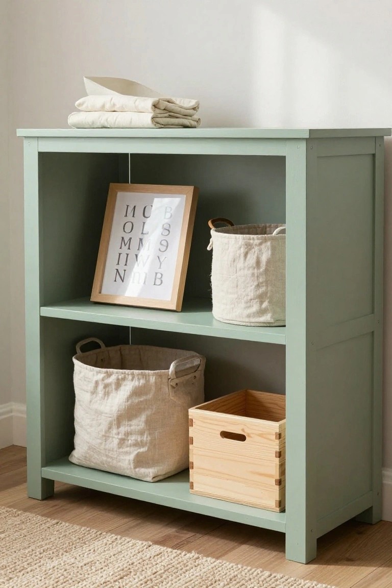 Mint green open bookshelf with two shelves against a white wall, topped with stacked beige linens, holding a framed black letter print, three beige woven baskets, and a wooden crate on the bottom shelf, on a light wood floor with seagrass rug.