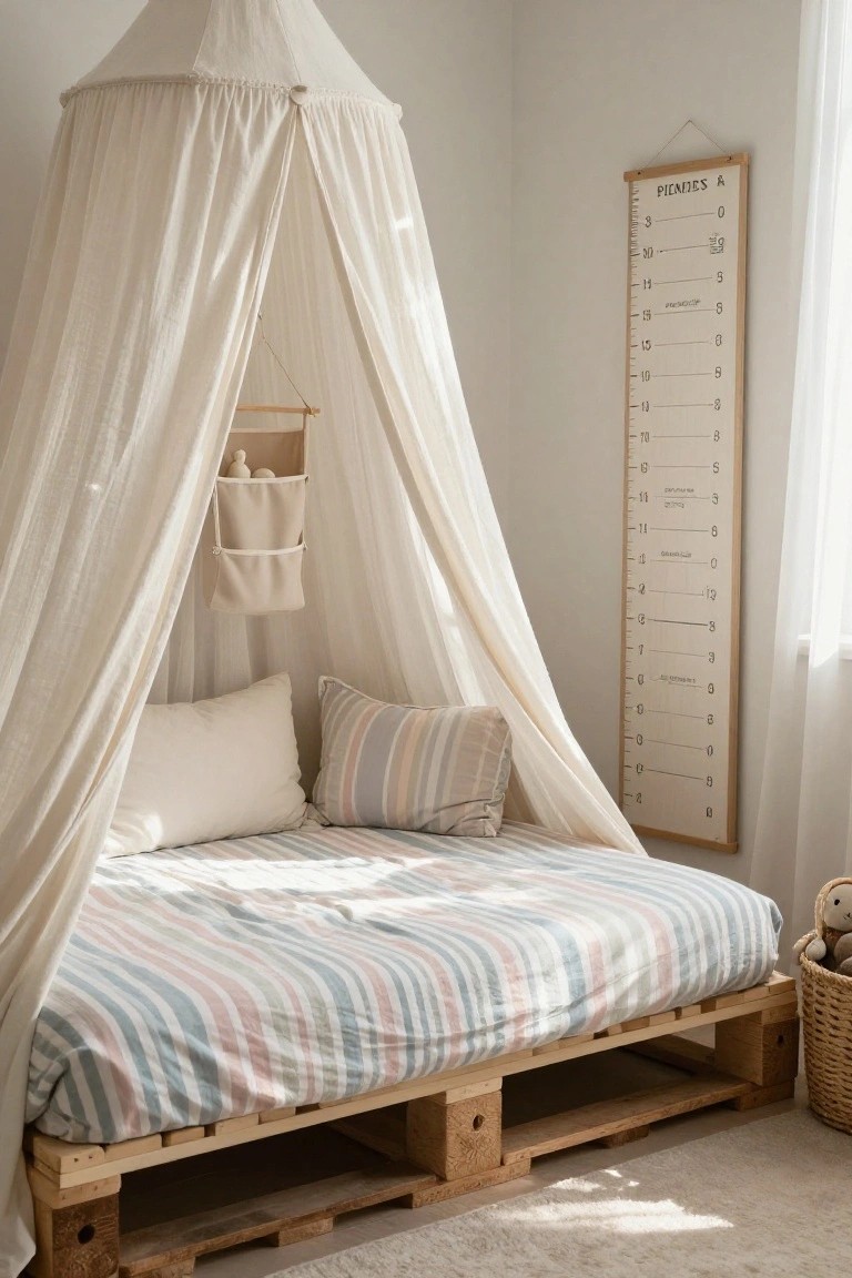 Child's bed platform made from stacked wooden pallets with white canopy draped over it, striped bedding, pillows, wall-mounted height chart, and basket of toys nearby in a light bedroom.
