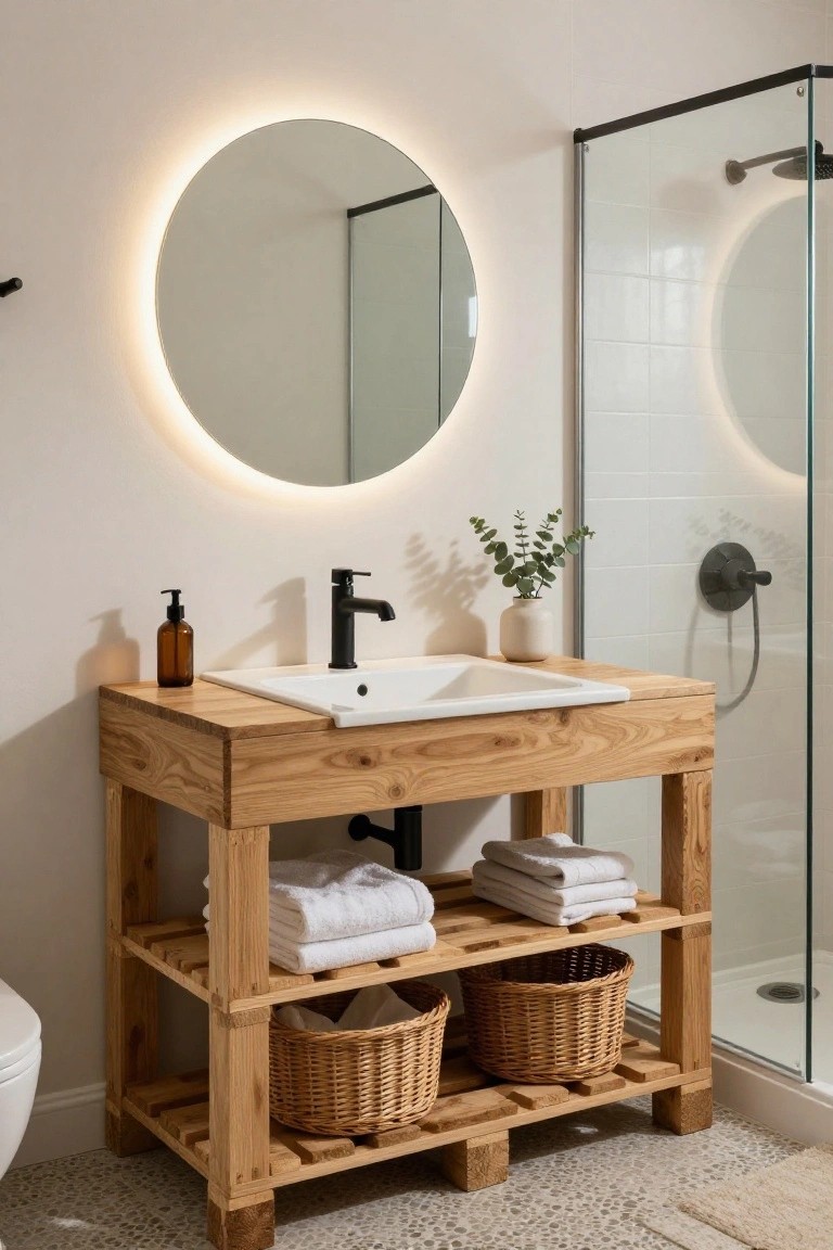 Bathroom with light wooden pallet vanity under white sink, open shelves holding folded towels and wicker baskets, round backlit mirror, glass shower enclosure, and toilet nearby.