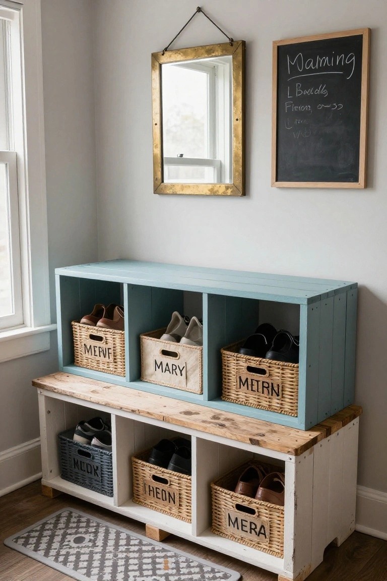 Entryway corner with a turquoise-painted wood pallet bench unit containing labeled wicker baskets of shoes in cubbies, a wood-top seat, gold-framed mirror, and chalkboard on light gray walls.