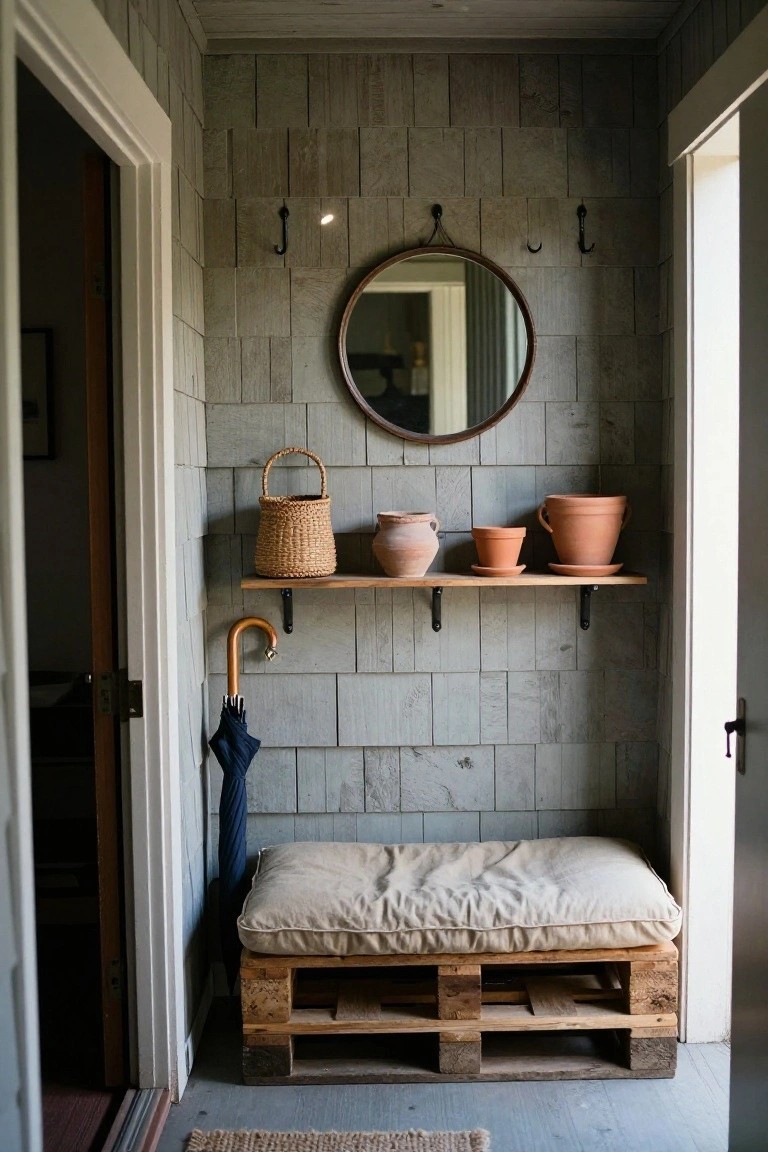 Narrow interior entryway with gray shingle walls, round mirror above shelves holding terracotta pots and a woven basket, wooden umbrella stand, and bench on wood pallet base with beige cushion, next to open doors and seagrass rug.