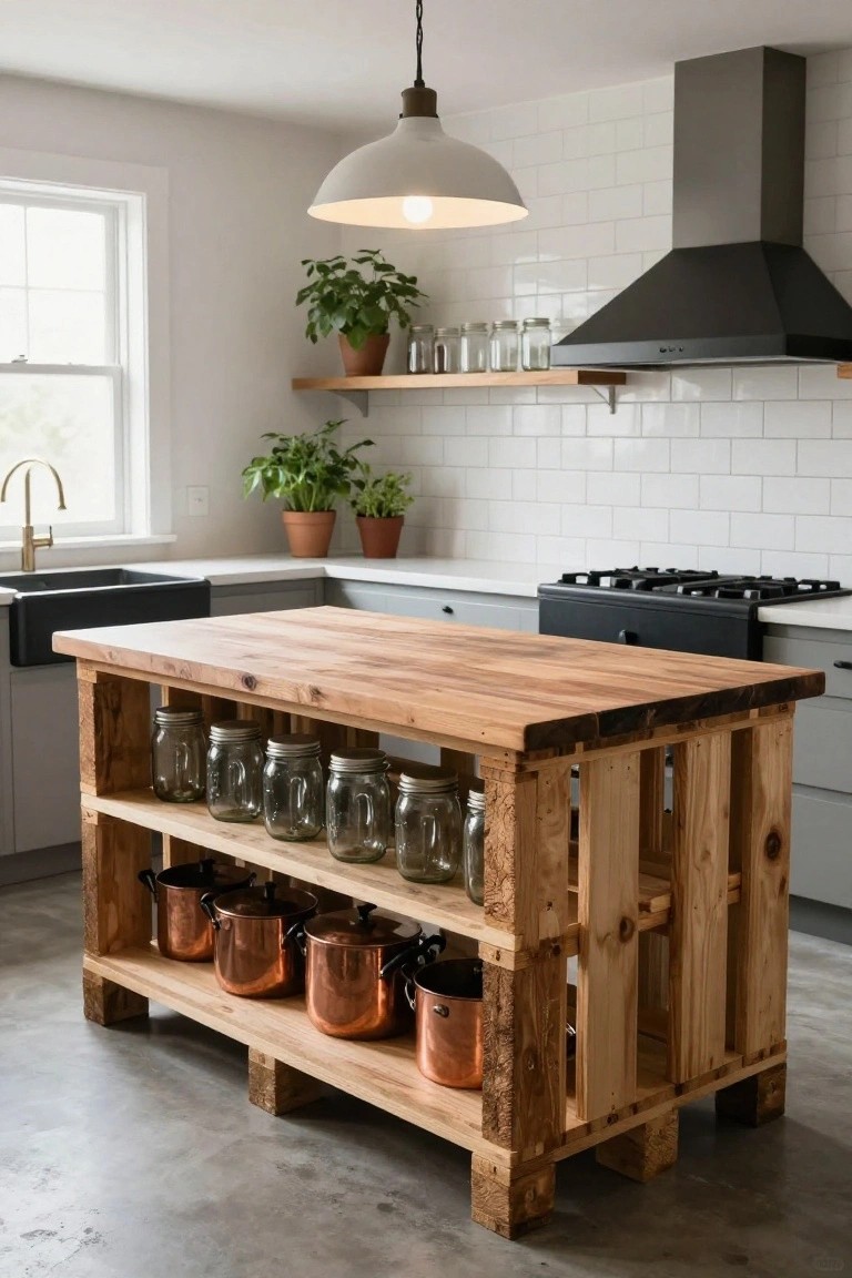Kitchen interior with central island made from wooden pallets, featuring butcher block countertop and open shelves holding mason jars and copper pots, next to black farmhouse sink, gray cabinets, and stainless steel range.