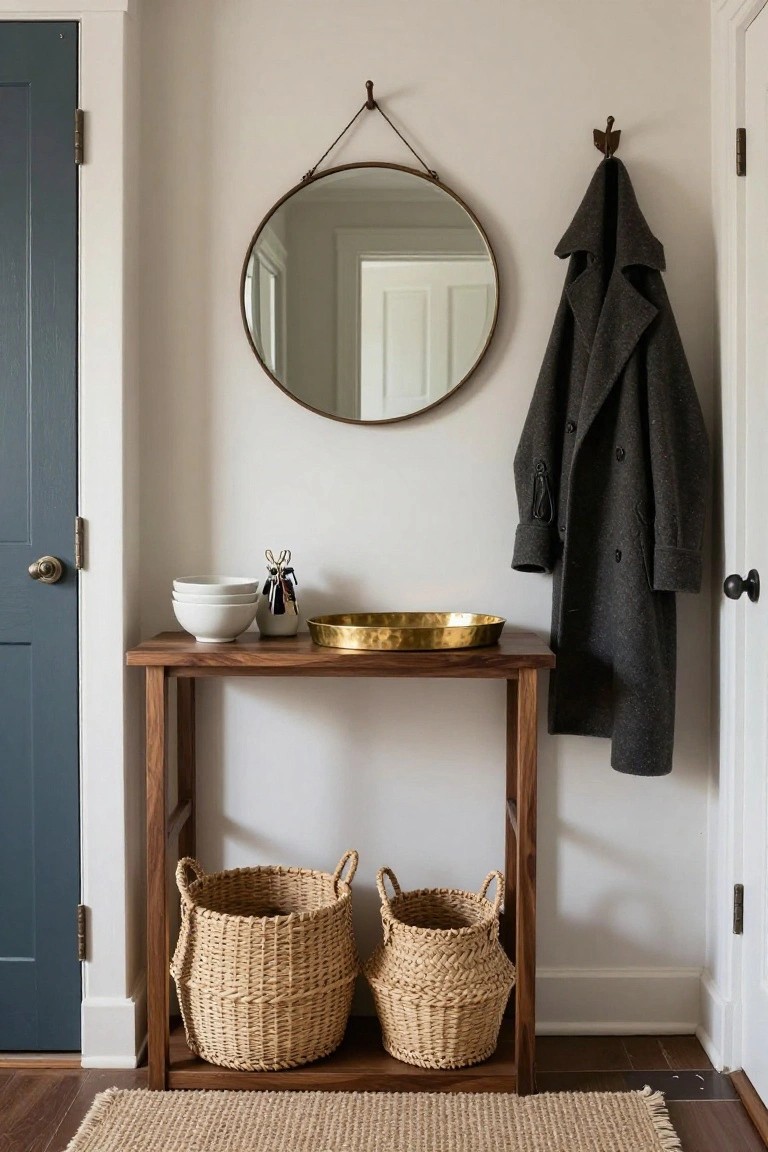 Narrow wooden console table in a light entryway holding stacked white bowls, keys, and a gold tray, with two seagrass baskets stored underneath, a round brass mirror on the wall, dark coat on a hook, and navy door nearby.