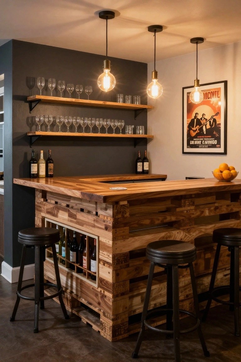 A wooden bar counter made from reclaimed pallets with integrated wine racks, black metal stools, pendant lights, glassware shelves on the wall, and several wine bottles on display in a modern interior.